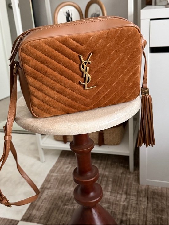 Saint Laurent Handbags - Saint Laurent Cognac Suede Camera Bag with Tassel